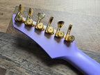Guitar tuning pegs on a purple guitar neck with a wooden background