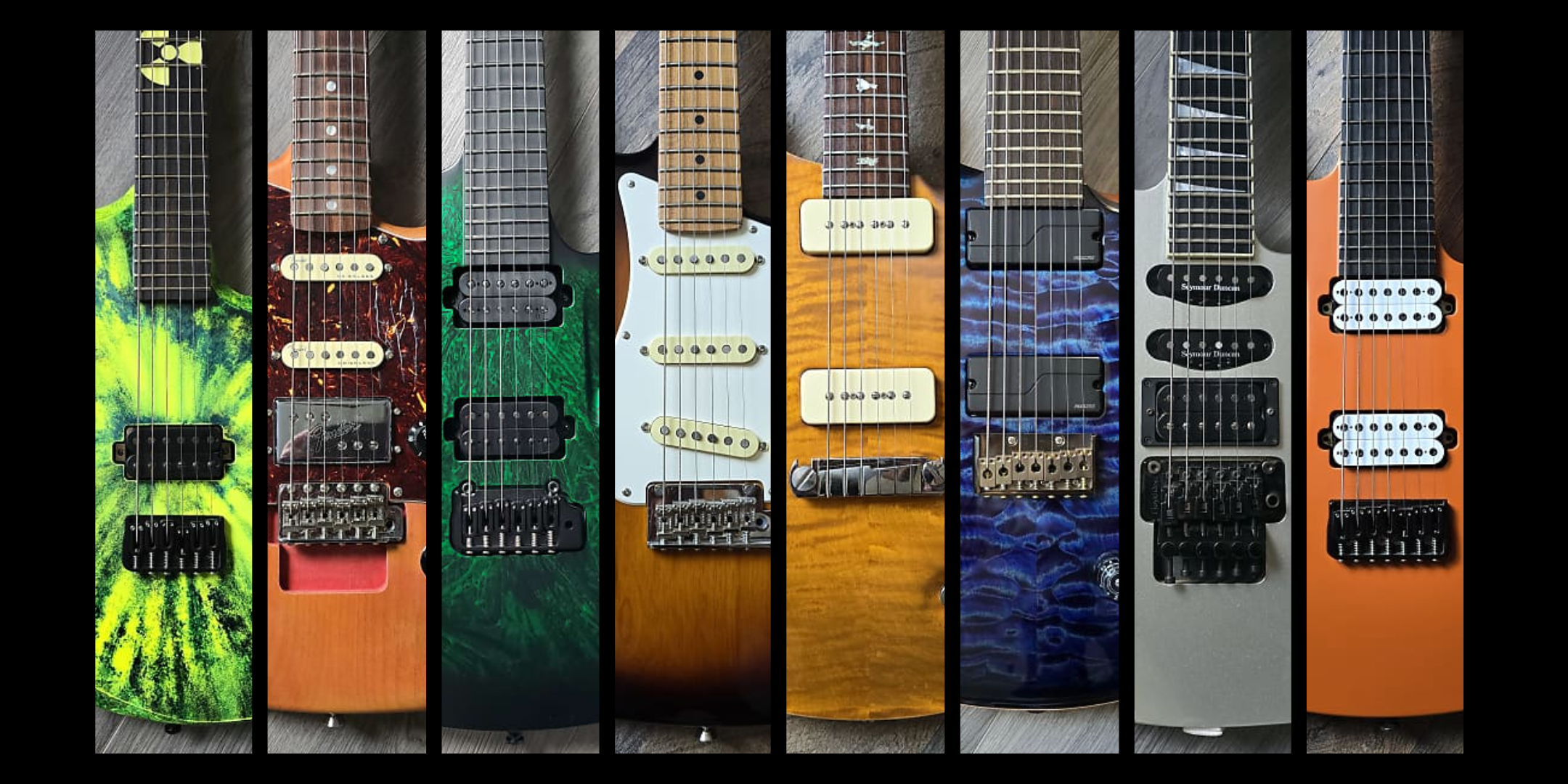 Row of eight electric guitars with various designs and colors on a black background