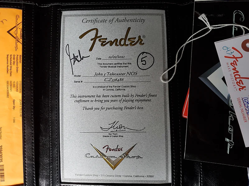 Fender certificate of authenticity with branding and text