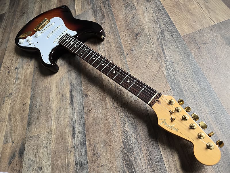 Fender Stratocaster on a wooden floor