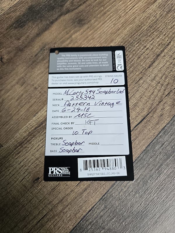 Paul Reed Smith Guitars product label with specifications