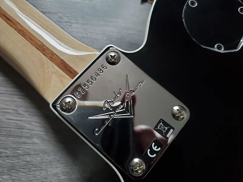 Close-up of a guitar's brand logo and serial number on the body