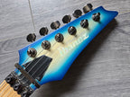 Guitar headstock with a blue and white gradient and the Ibanez logo