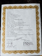 Certificate with text and branding for PRS Paul Reed Smith Guitars on a white background
