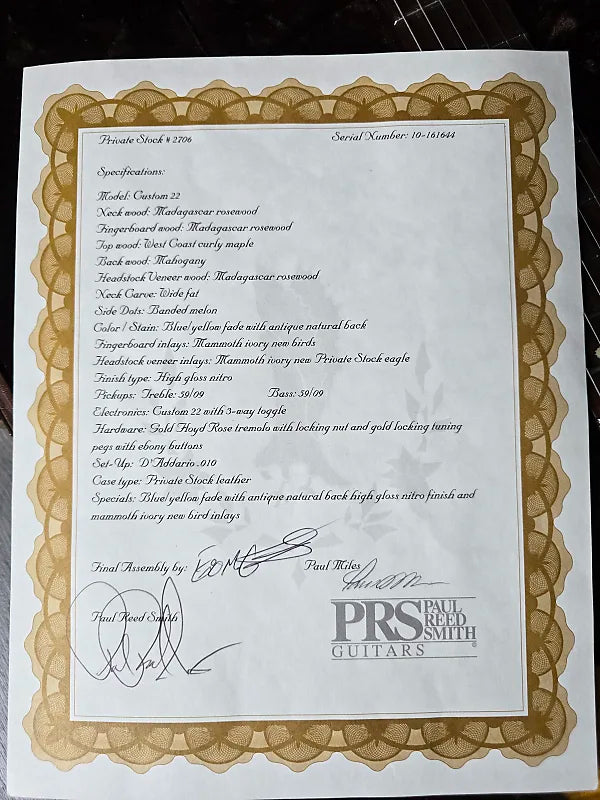 Certificate with text and branding for PRS Paul Reed Smith Guitars on a white background