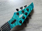 Turqoise guitar headstock featuring 'Vandermeij' branding and black tuning pegs